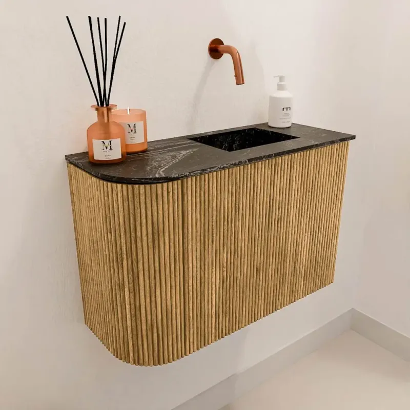 Mondiaz Joya DLux 60cm toiletmeubel ronding links oak met wastafel faye rechts zonder kraangat lava Snelle Levering