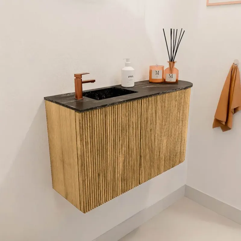 Mondiaz Joya DLux 70cm toiletmeubel ronding rechts oak met wastafel faye links 1 kraangat lava Nieuw