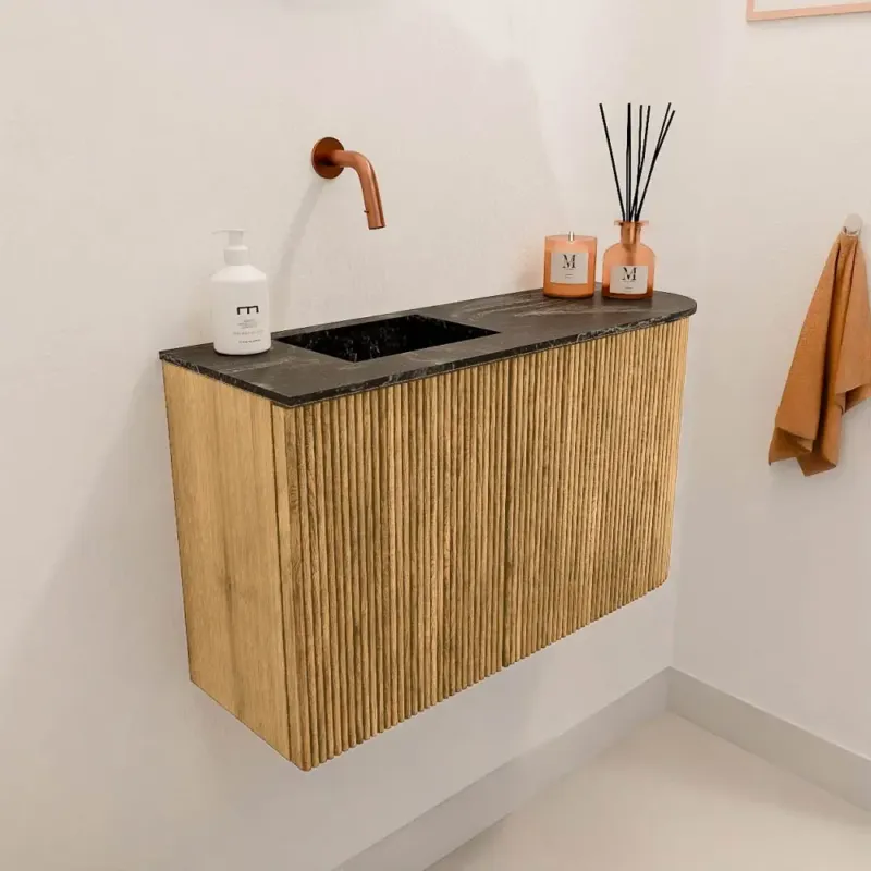 Mondiaz Joya DLux 70cm toiletmeubel ronding rechts oak met wastafel faye links zonder kraangat lava Hoge Kwaliteit