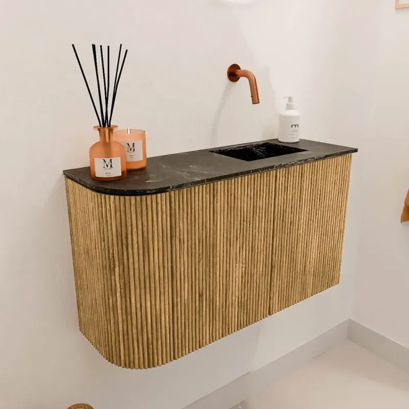 Direct Beschikbaar Mondiaz Joya DLux 70cm toiletmeubel ronding links oak met wastafel faye rechts zonder kraangat lava