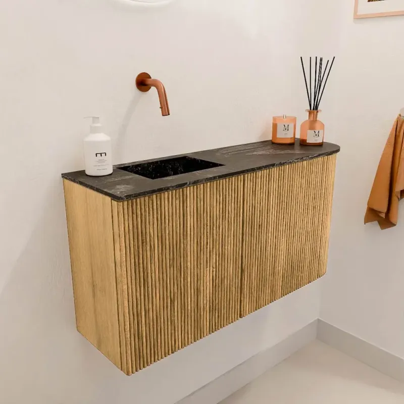 Mondiaz Joya DLux 80cm toiletmeubel ronding rechts oak met wastafel faye links zonder kraangat lava Direct Beschikbaar