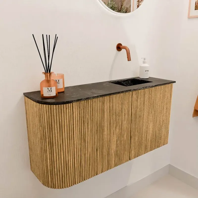 Express Levering Mondiaz Joya DLux 80cm toiletmeubel ronding links oak met wastafel faye rechts zonder kraangat lava