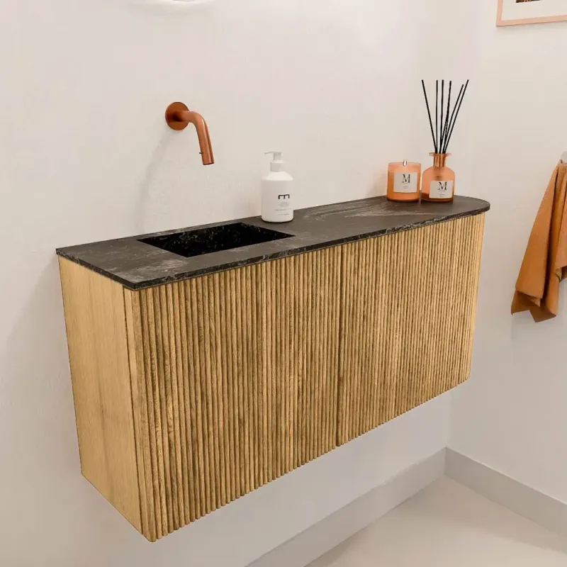 Express Levering Mondiaz Joya DLux 90cm toiletmeubel ronding rechts oak met wastafel faye links zonder kraangat lava