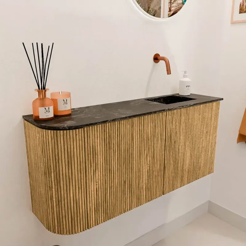 Mondiaz Joya DLux 90cm toiletmeubel ronding links oak met wastafel faye rechts zonder kraangat lava Laatste Versie