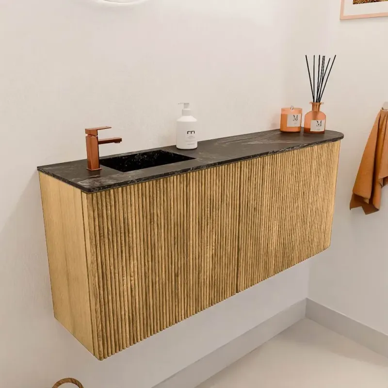 Mondiaz Joya DLux 100cm toiletmeubel ronding rechts oak met wastafel faye links 1 kraangat lava Hete Deal