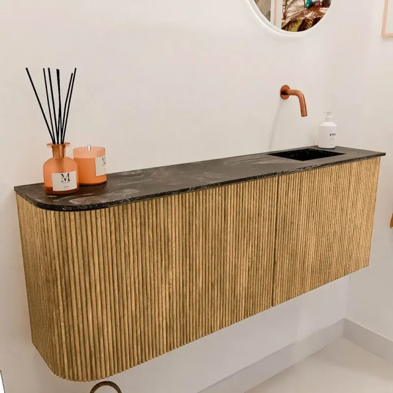 Fabrieksprijs Mondiaz Joya DLux 110cm toiletmeubel ronding links oak met wastafel faye rechts zonder kraangat lava