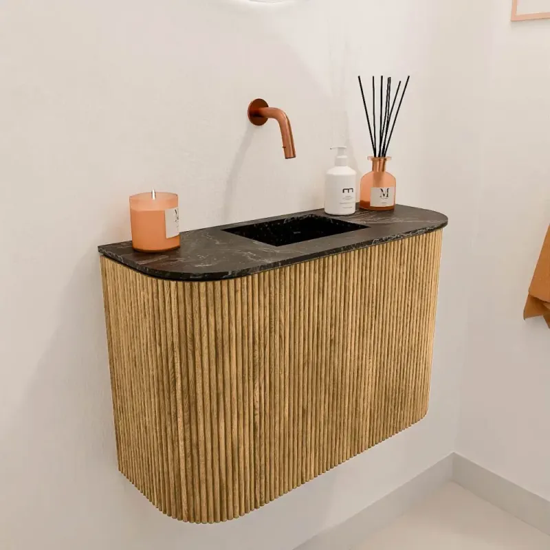 Mondiaz Joya DLux 65cm toiletmeubel ronding links/rechts oak met wastafel faye midden zonder kraangat lava Seizoensaanbieding