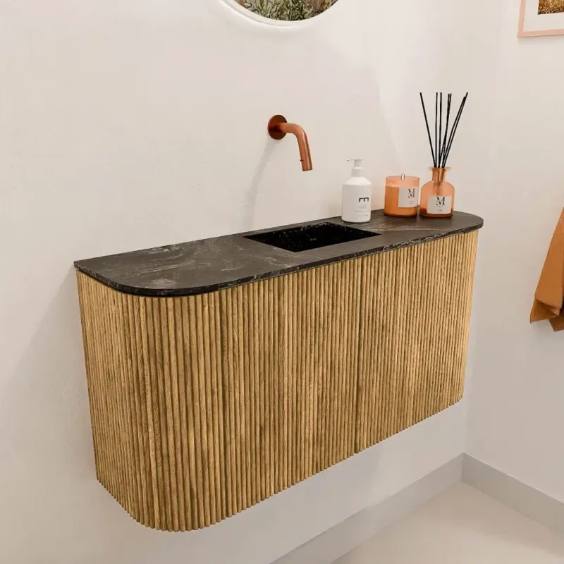 Mondiaz Joya DLux 85cm toiletmeubel ronding links/rechts oak met wastafel faye midden zonder kraangat lava Tijdelijk Beschikbaar