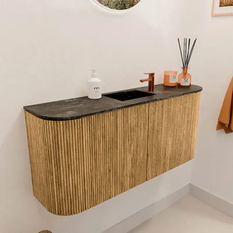Beperkte Voorraad Mondiaz Joya DLux 95cm toiletmeubel ronding links/rechts oak met wastafel faye midden 1 kraangat lava