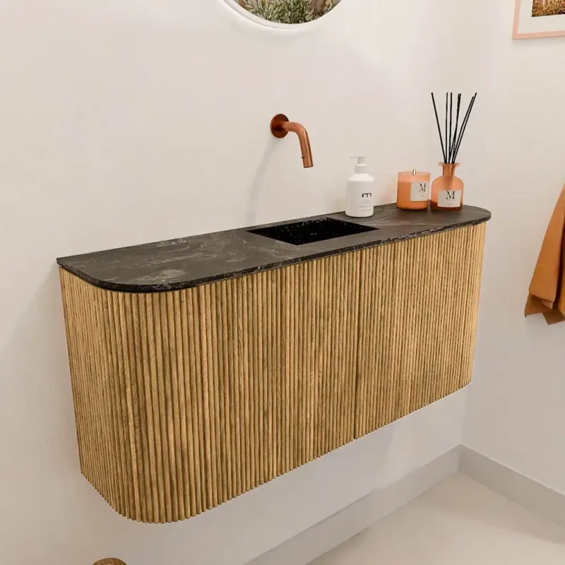 Korting Mondiaz Joya DLux 95cm toiletmeubel ronding links/rechts oak met wastafel faye midden zonder kraangat lava