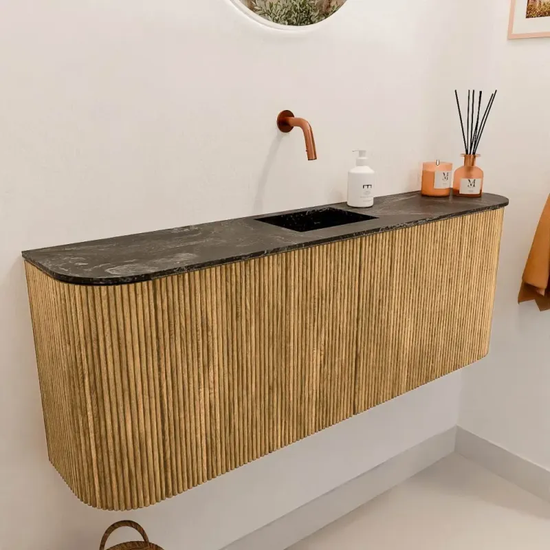 Mondiaz Joya DLux 115cm toiletmeubel ronding links/rechts oak met wastafel faye midden zonder kraangat lava Koopje