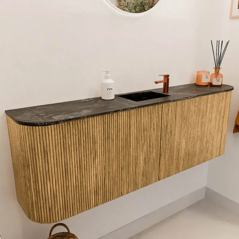 Goedkoop Mondiaz Joya DLux 125cm toiletmeubel ronding links/rechts oak met wastafel faye midden 1 kraangat lava
