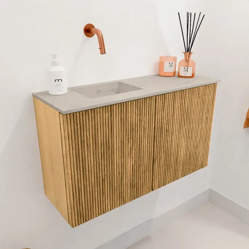 Lage Prijs Mondiaz Joya DLux 70cm toiletmeubel oak met wastafel faye links zonder kraangat opalo