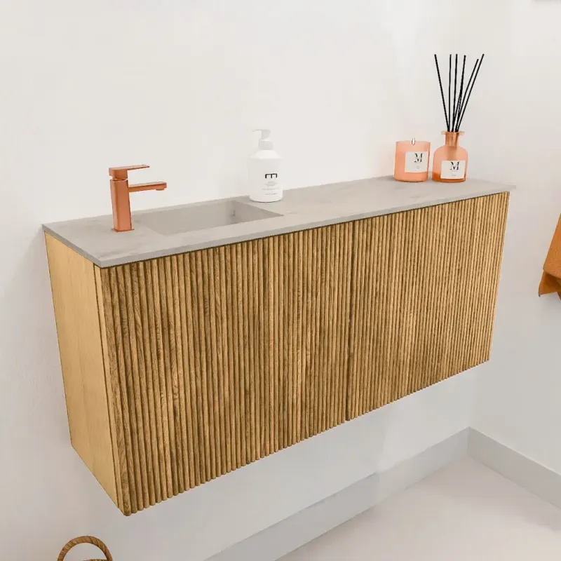 Beperkte Voorraad Mondiaz Joya DLux 90cm toiletmeubel oak met wastafel faye links 1 kraangat opalo