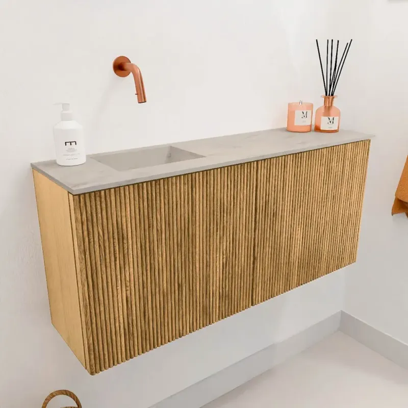 Merkproduct Mondiaz Joya DLux 90cm toiletmeubel oak met wastafel faye links zonder kraangat opalo