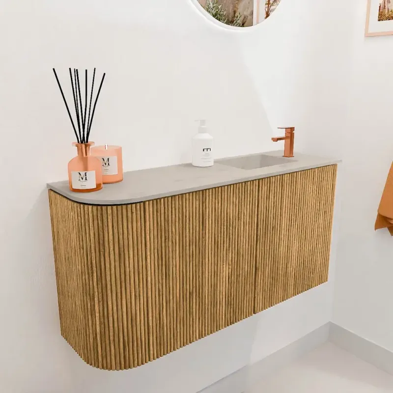 Voordeelprijs Mondiaz Joya DLux 80cm toiletmeubel ronding links oak met wastafel faye rechts 1 kraangat opalo