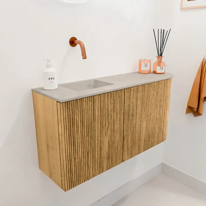 Mondiaz Joya DLux 80cm toiletmeubel ronding rechts oak met wastafel faye links zonder kraangat opalo Dagaanbieding