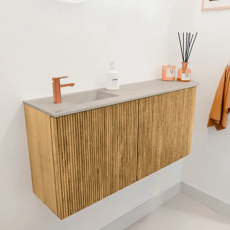 Mondiaz Joya DLux 90cm toiletmeubel ronding rechts oak met wastafel faye links 1 kraangat opalo Nieuw