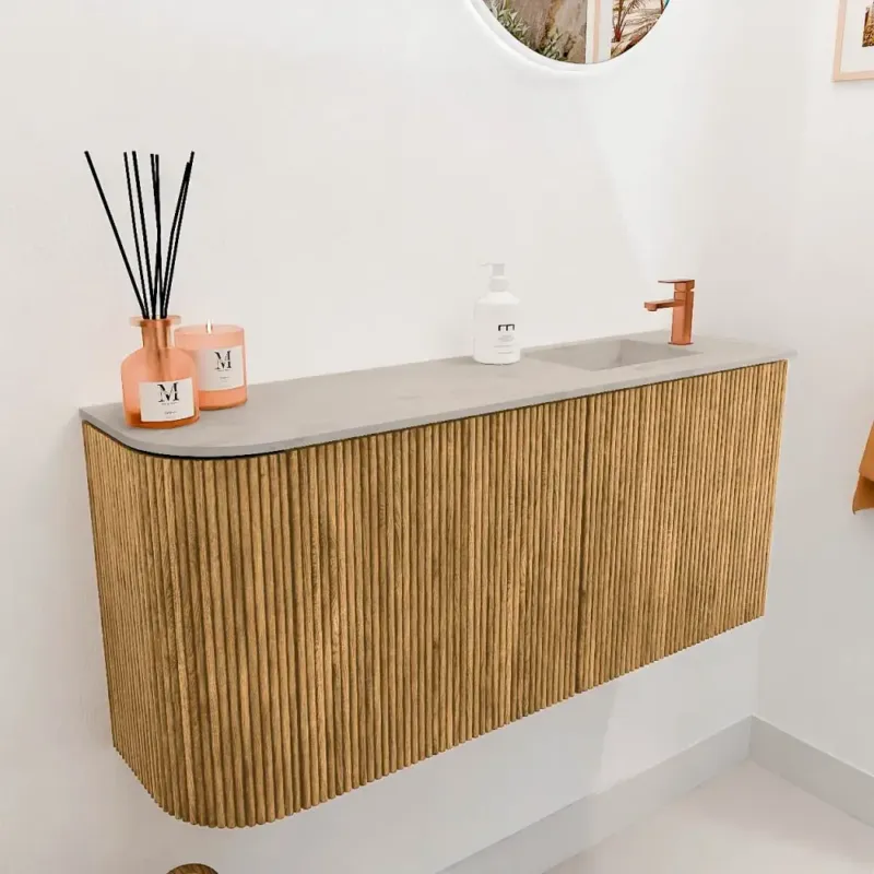 Mondiaz Joya DLux 90cm toiletmeubel ronding links oak met wastafel faye rechts 1 kraangat opalo Lage Kosten