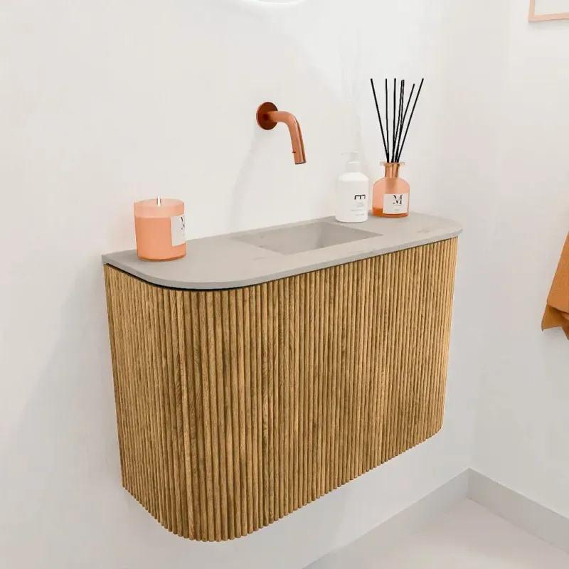 Mondiaz Joya DLux 65cm toiletmeubel ronding links/rechts oak met wastafel faye midden zonder kraangat opalo Fabrieksprijs
