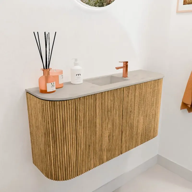 Korting Mondiaz Joya DLux 85cm toiletmeubel ronding links/rechts oak met wastafel faye midden 1 kraangat opalo