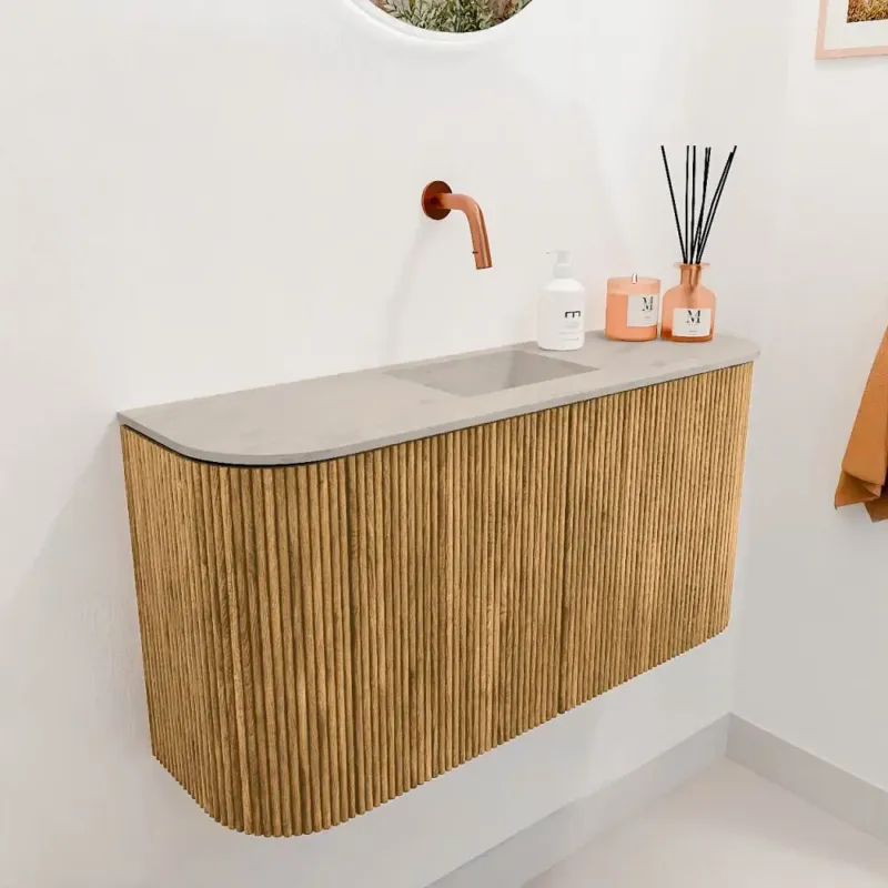 Mondiaz Joya DLux 85cm toiletmeubel ronding links/rechts oak met wastafel faye midden zonder kraangat opalo Fabrieksprijs