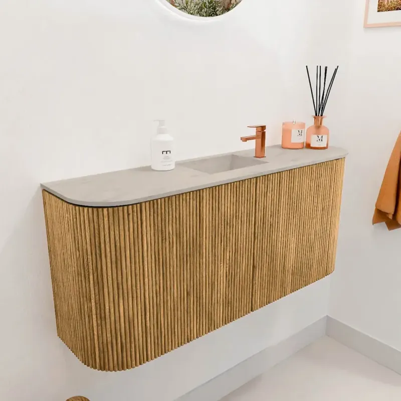 Mondiaz Joya DLux 95cm toiletmeubel ronding links/rechts oak met wastafel faye midden 1 kraangat opalo Voordeelprijs