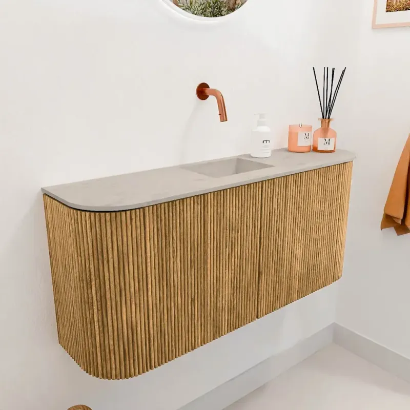 Mondiaz Joya DLux 95cm toiletmeubel ronding links/rechts oak met wastafel faye midden zonder kraangat opalo Finale Uitverkoop