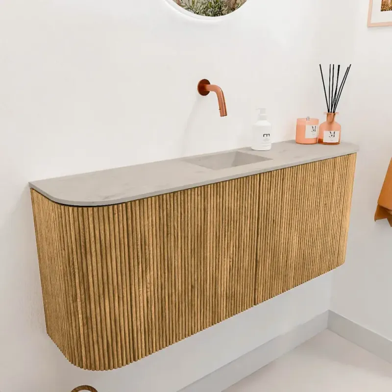 Lage Prijs Mondiaz Joya DLux 105cm toiletmeubel ronding links/rechts oak met wastafel faye midden zonder kraangat opalo