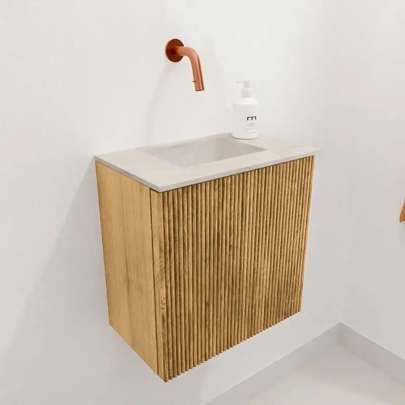Express Levering Mondiaz Joya DLux 40cm toiletmeubel oak met wastafel faye midden zonder kraangat ostra