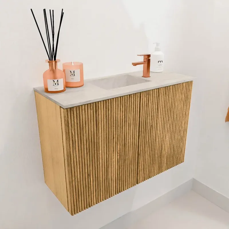 Merkproduct Mondiaz Joya DLux 60cm toiletmeubel oak met wastafel faye midden 1 kraangat ostra