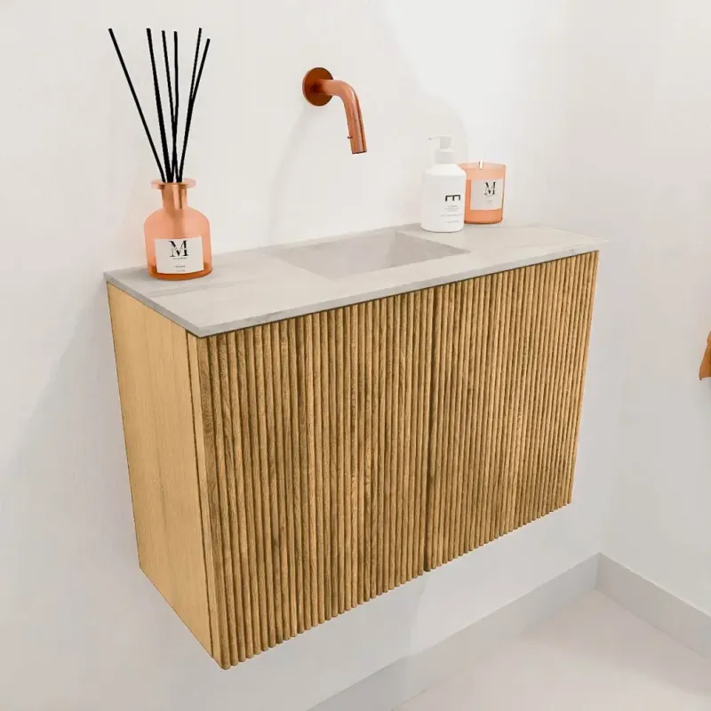 Mondiaz Joya DLux 60cm toiletmeubel oak met wastafel faye midden zonder kraangat ostra Flitsaanbieding
