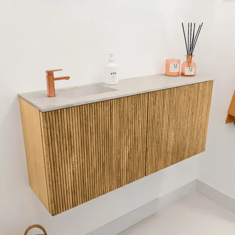 Koopje Mondiaz Joya DLux 90cm toiletmeubel oak met wastafel faye links 1 kraangat ostra