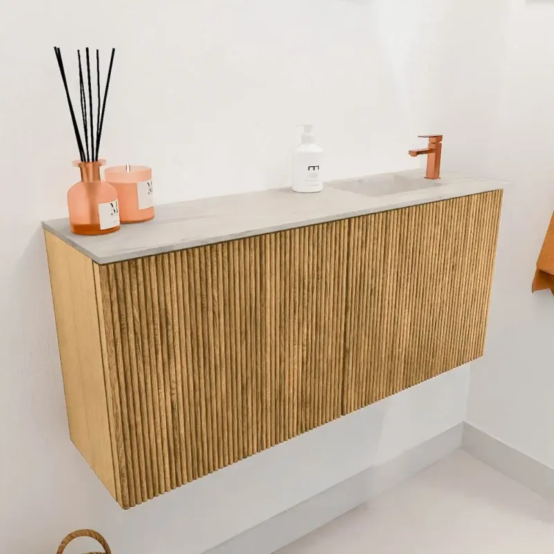 Gereduceerde Prijs Mondiaz Joya DLux 90cm toiletmeubel oak met wastafel faye rechts 1 kraangat ostra