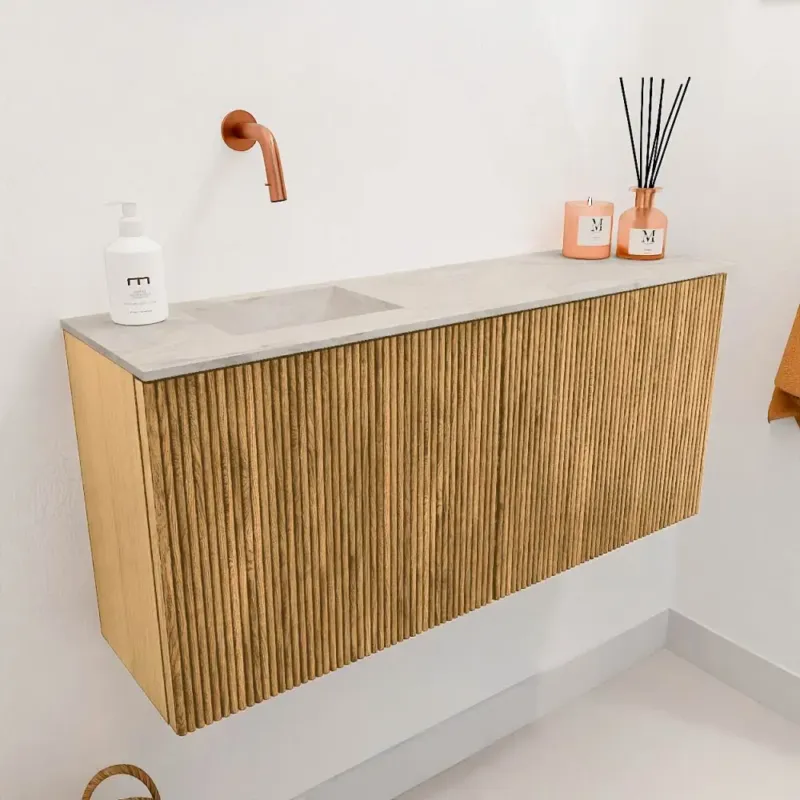 Voordeelprijs Mondiaz Joya DLux 90cm toiletmeubel oak met wastafel faye links zonder kraangat ostra