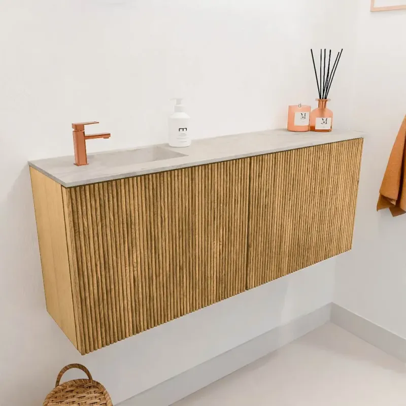 Exclusieve Aanbieding Mondiaz Joya DLux 100cm toiletmeubel oak met wastafel faye links 1 kraangat ostra