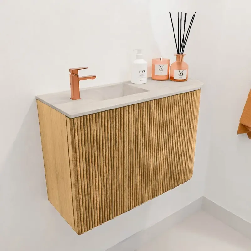 Hete Deal Mondiaz Joya DLux 60cm toiletmeubel ronding rechts oak met wastafel faye links 1 kraangat ostra