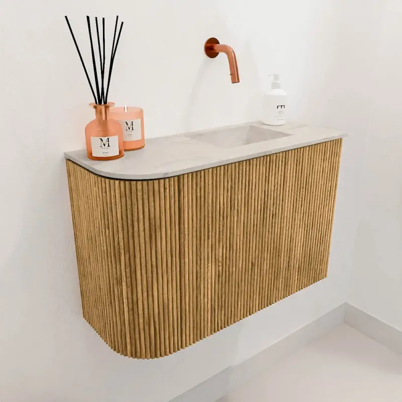 Mondiaz Joya DLux 60cm toiletmeubel ronding links oak met wastafel faye rechts zonder kraangat ostra Dagaanbieding