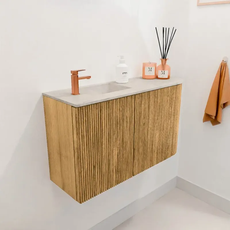 Mondiaz Joya DLux 70cm toiletmeubel ronding rechts oak met wastafel faye links 1 kraangat ostra Speciale Aanbieding