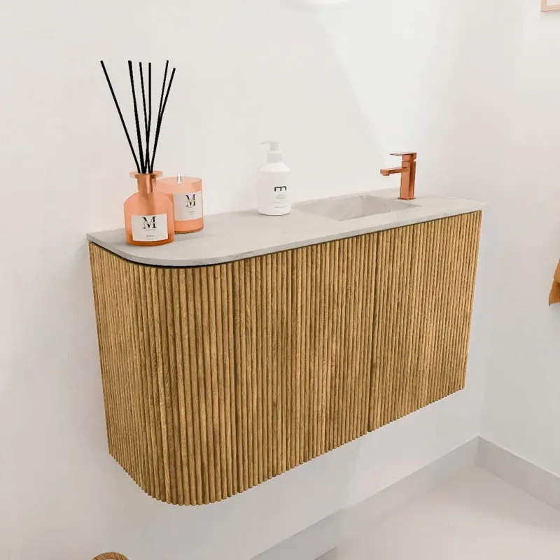 Mondiaz Joya DLux 70cm toiletmeubel ronding links oak met wastafel faye rechts 1 kraangat ostra Lage Kosten
