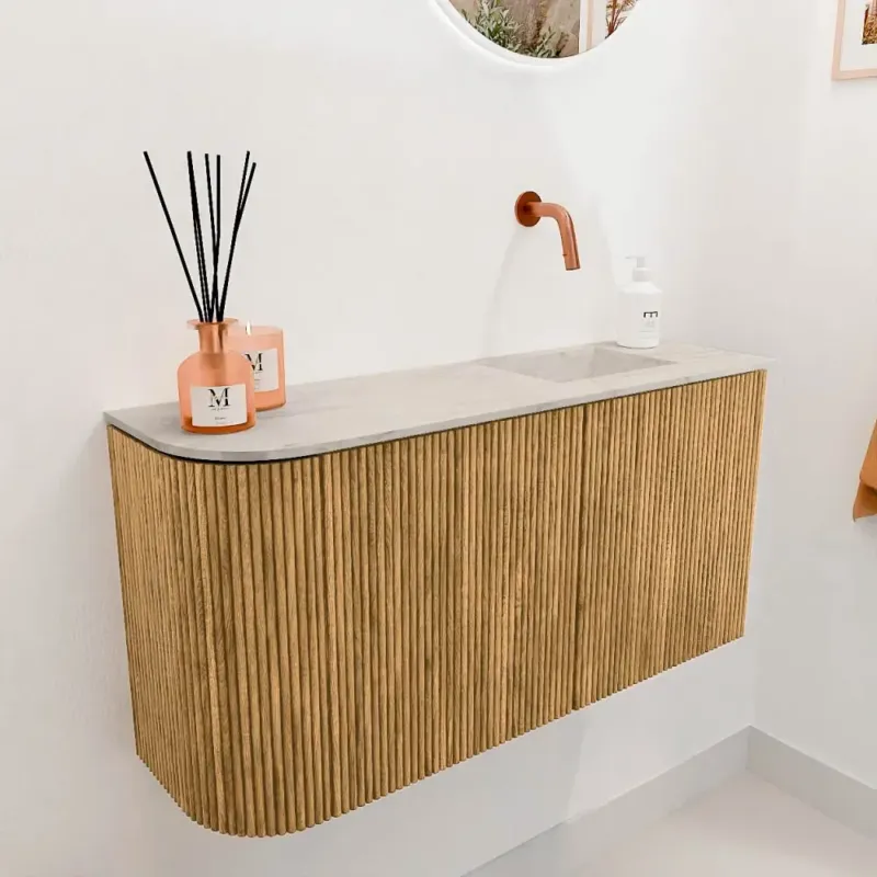 Mondiaz Joya DLux 80cm toiletmeubel ronding links oak met wastafel faye rechts zonder kraangat ostra Dagaanbieding