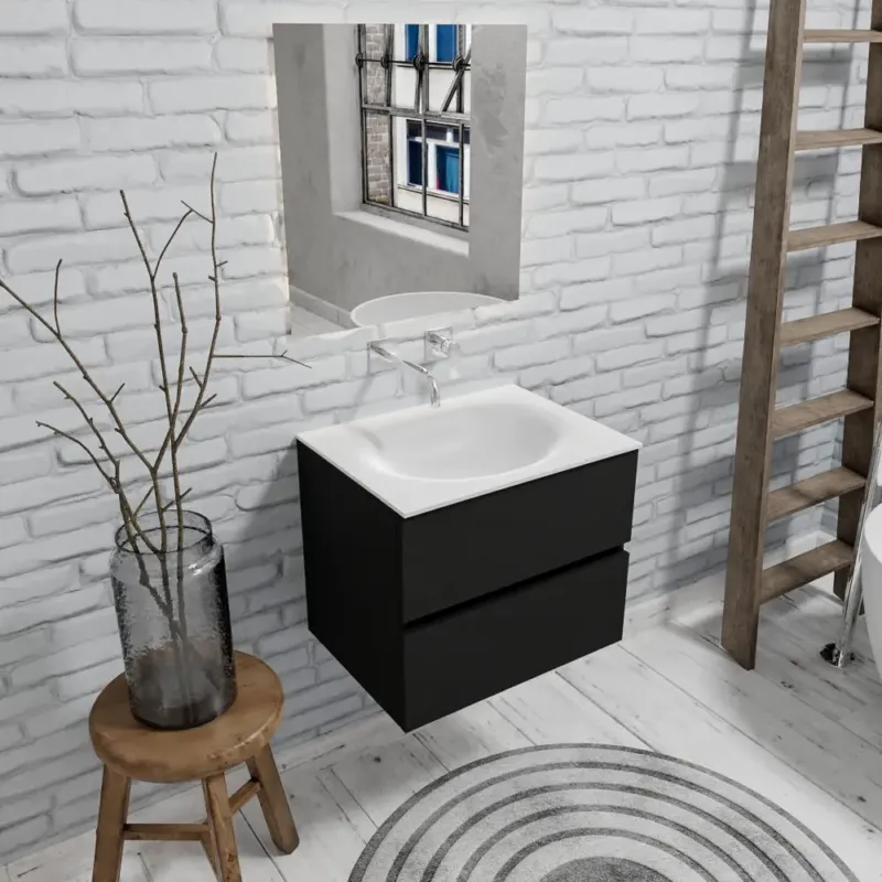 Zaro Sevilla Solid Surface badmeubel 60cm mat zwart zonder kraangat met 2 lades Express Levering