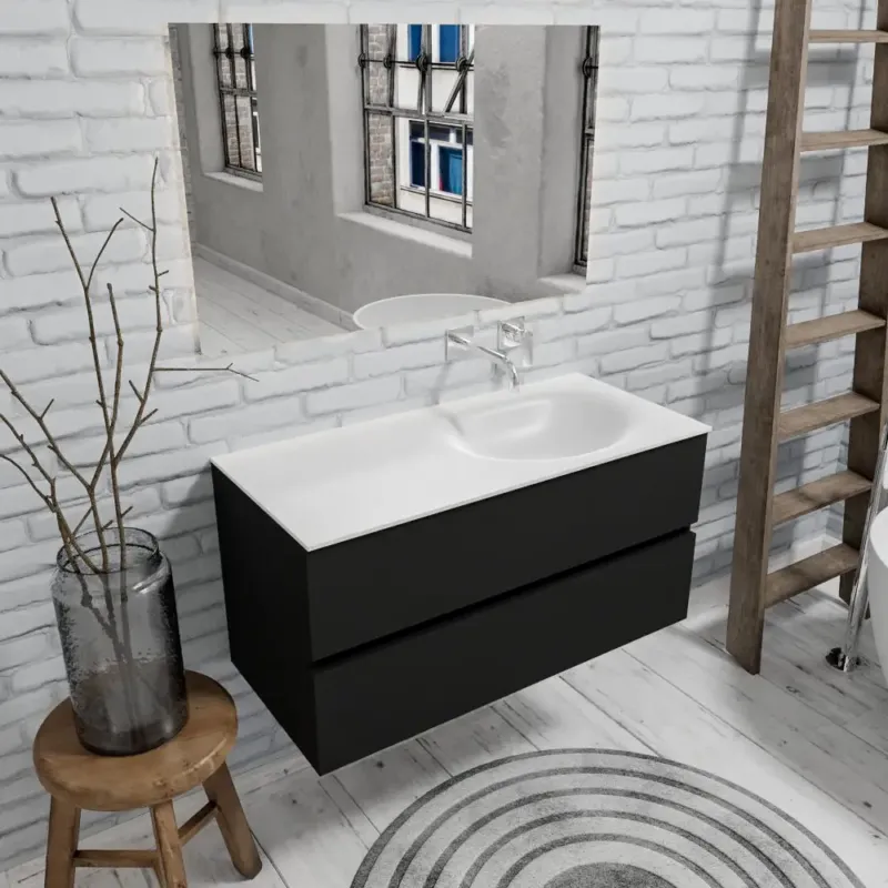 Zaro Sevilla Solid Surface badmeubel 100cm mat zwart geen kraangat met 2 lades spoelbak rechts Hoge Kwaliteit
