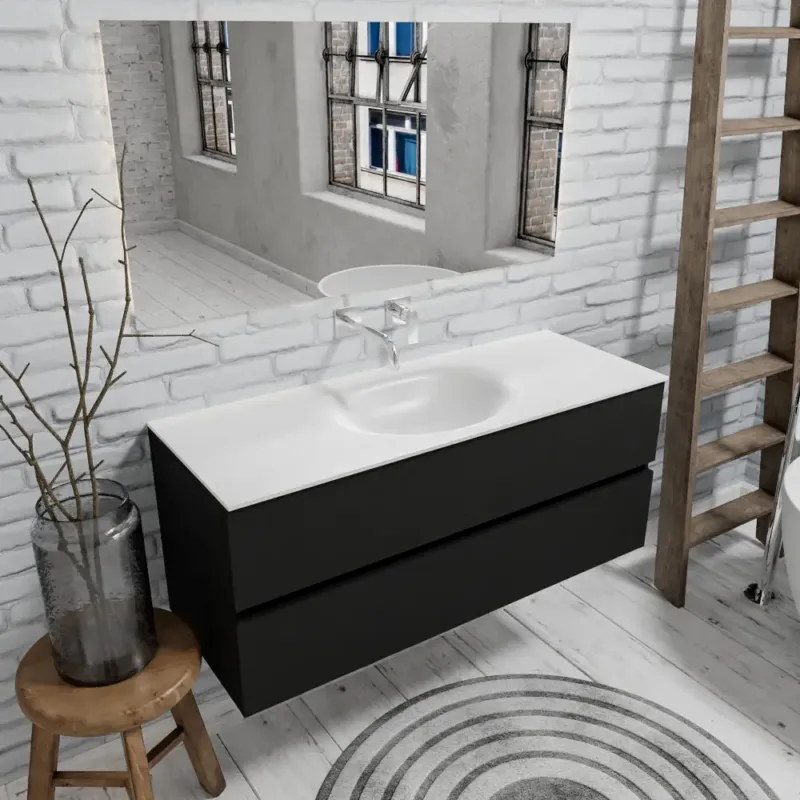 Zaro Sevilla Solid Surface badmeubel 120cm mat zwart geen kraangat met 2 lades spoelbak midden Voordeelprijs