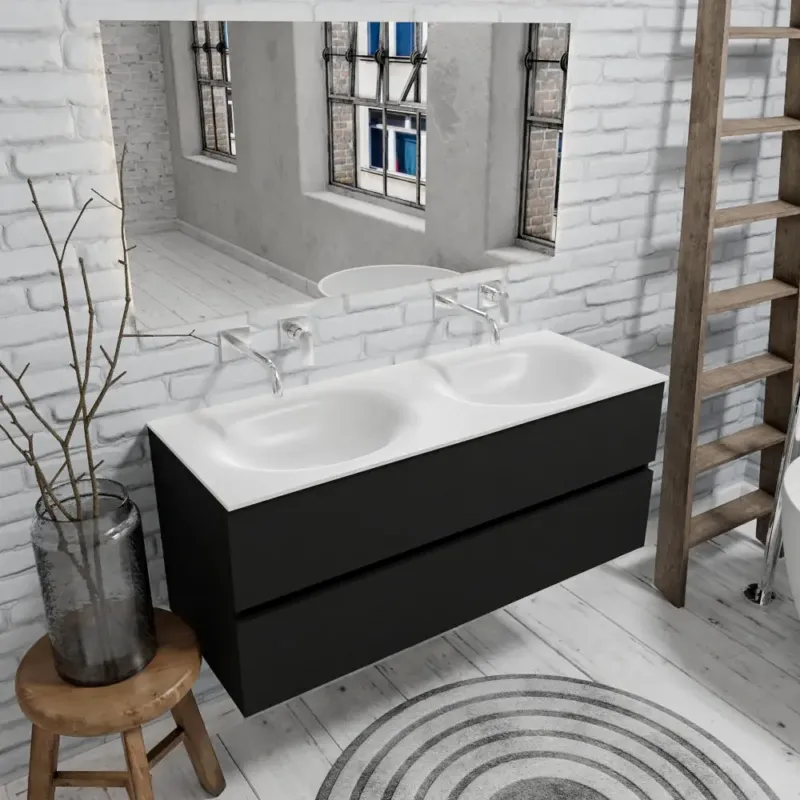 Korting Zaro Sevilla Solid Surface badmeubel 120cm mat zwart geen kraangat met 2 lades dubbele spoelbak