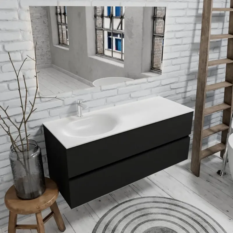 Zaro Sevilla Solid Surface badmeubel 120cm mat zwart 1 kraangat met 2 lades spoelbak links Goedkoop
