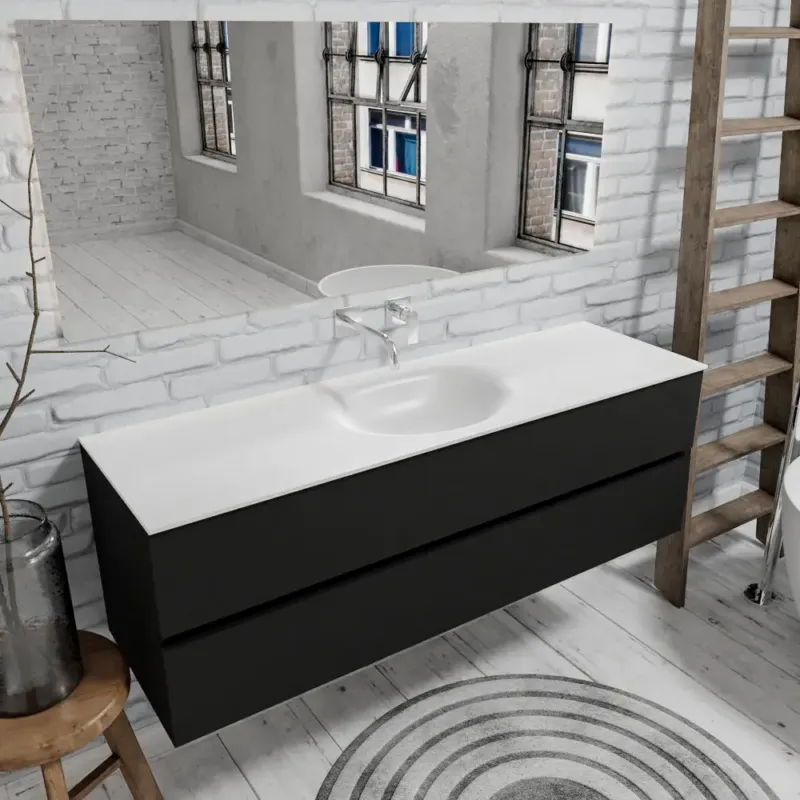 Koop Online Zaro Sevilla Solid Surface badmeubel 150cm mat zwart geen kraangat met 2 lades spoelbak midden