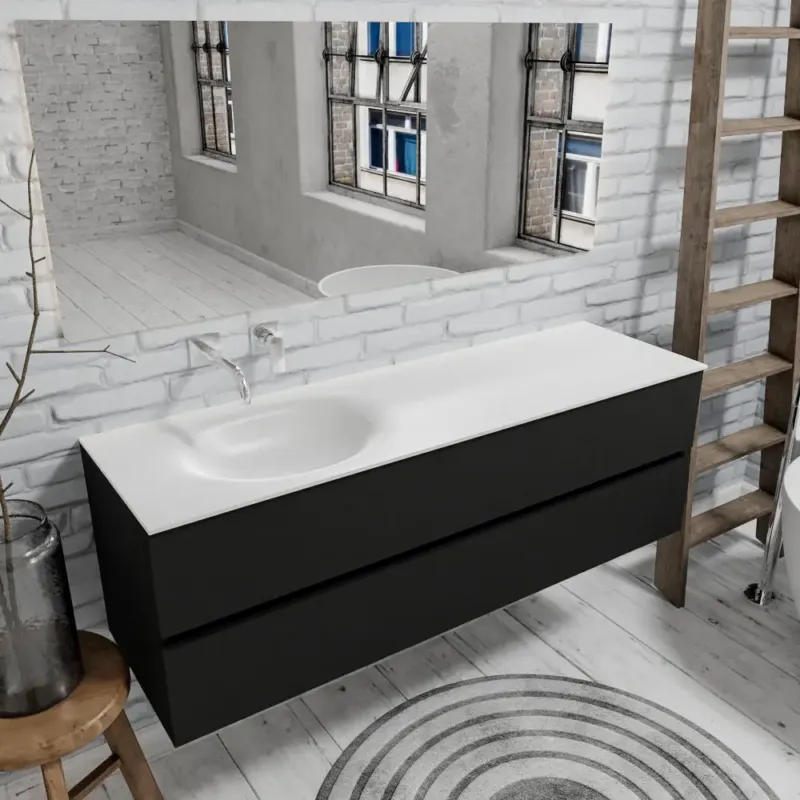 Zaro Sevilla Solid Surface badmeubel 150cm mat zwart geen kraangat met 2 lades spoelbak links Actieprijs