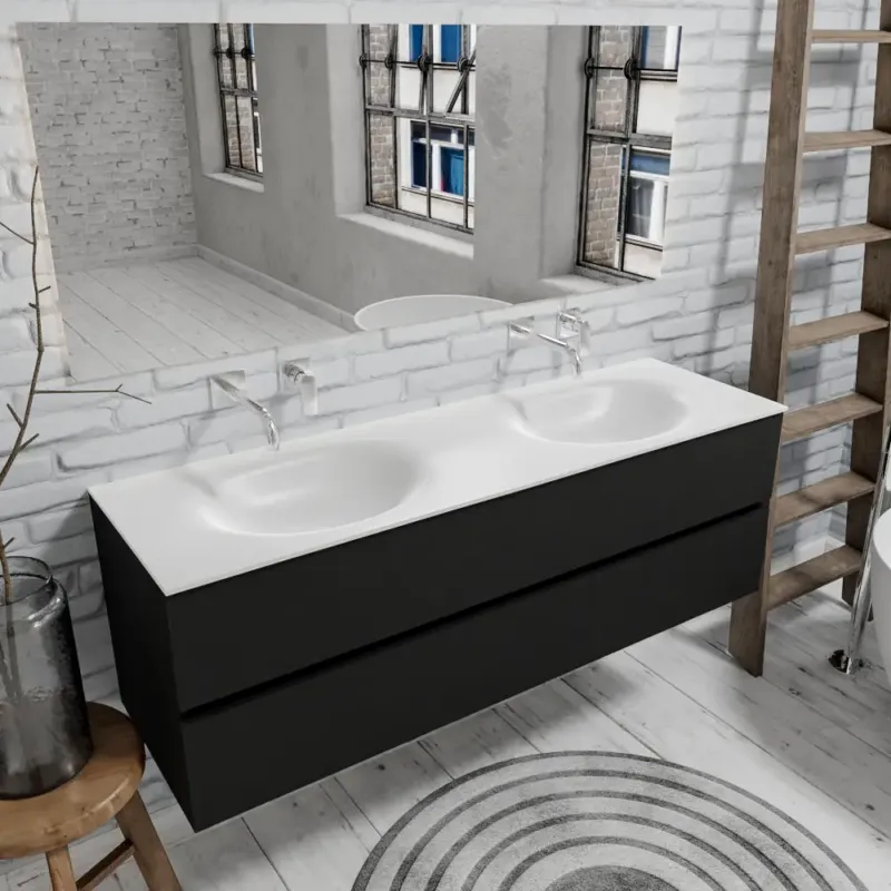 Lage Prijs Zaro Sevilla Solid Surface badmeubel 150cm mat zwart geen kraangat met 2 lades dubbele spoelbak