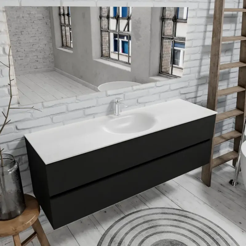 Direct Verzonden Zaro Sevilla Solid Surface badmeubel 150cm mat zwart 1 kraangat met 2 lades spoelbak midden